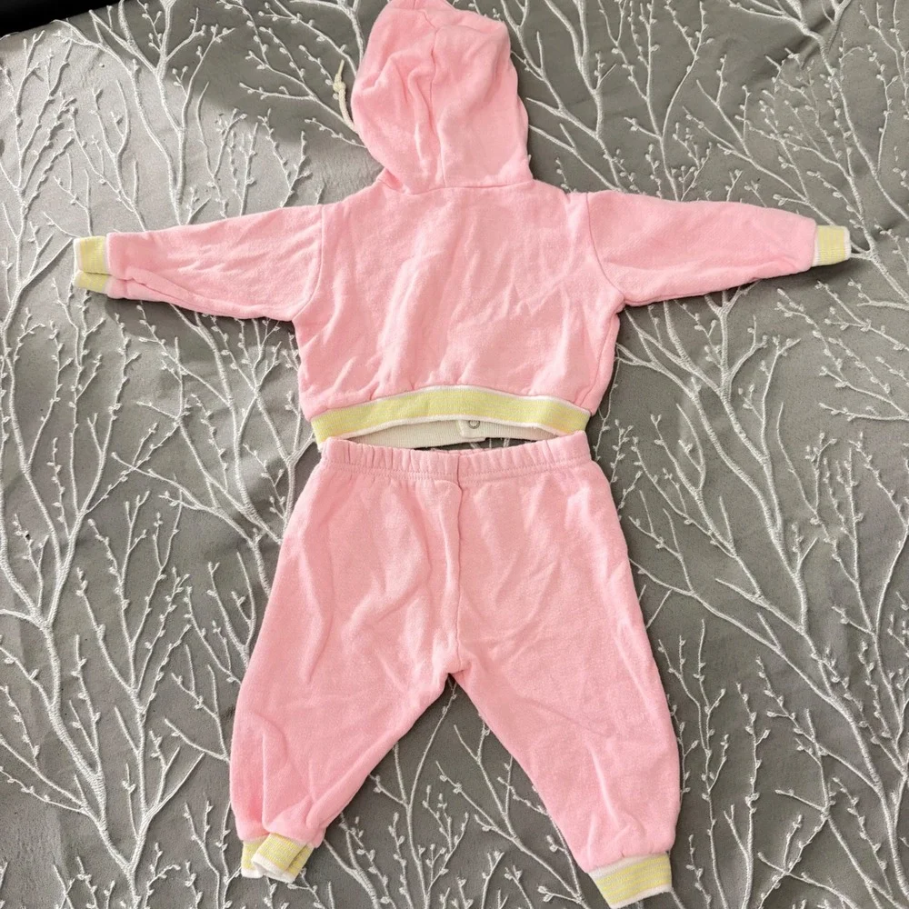 Vintage Pink Knit Baby Tracksuit Set Hooded Sweatshirt Joggers‎ 12 Months